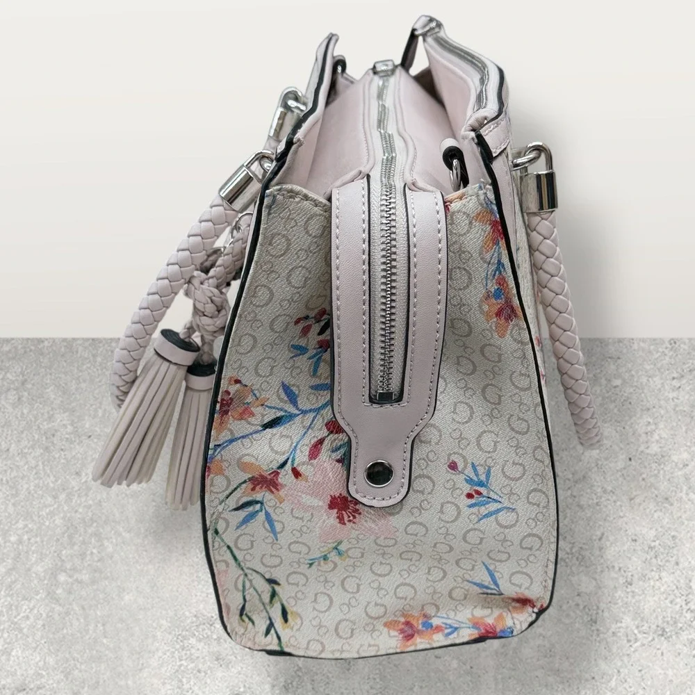 GUESS Floral Monogram Satchel‎ Bag Pink Multi PR681906 Braided Handle Tassel